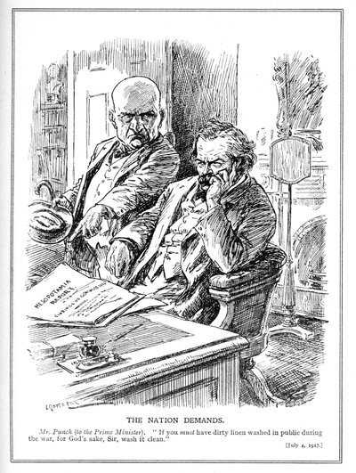 LLoyd George wordt berispt door Mr. Punch over het Rapport over de Britse Invasie van Irak (Mesopotamië) in 1914, cartoon uit Punch magazine, juli 1917 door Leonard Raven Hill